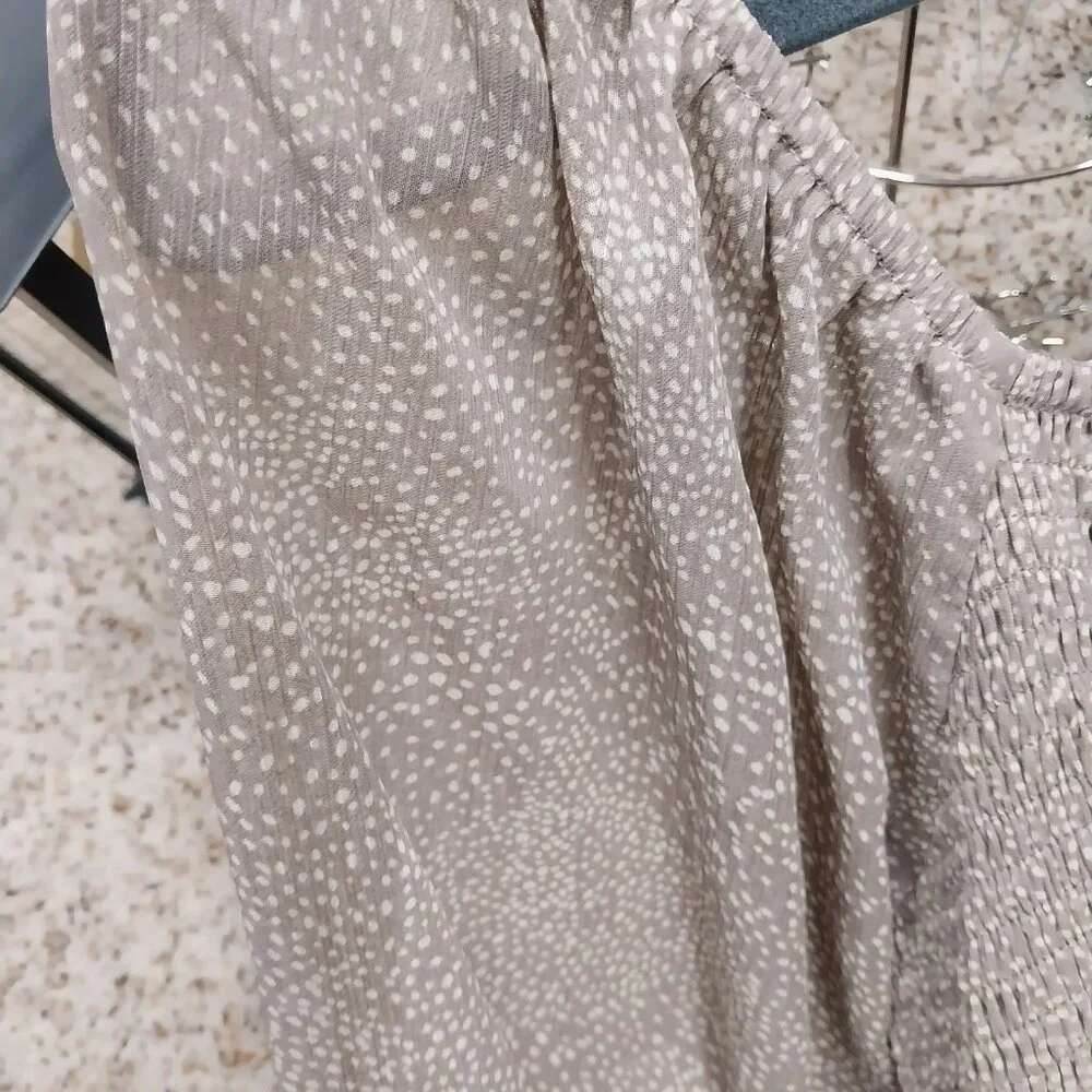 3119 Size 1X Sheer Lined Dress In Tan with Cream Dot with Elastic Runching Top. - Picture 6 of 7